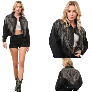 NEW blue b Black Rhinestone Metallic Chevron Fringe Western Denim Jean Jacket S